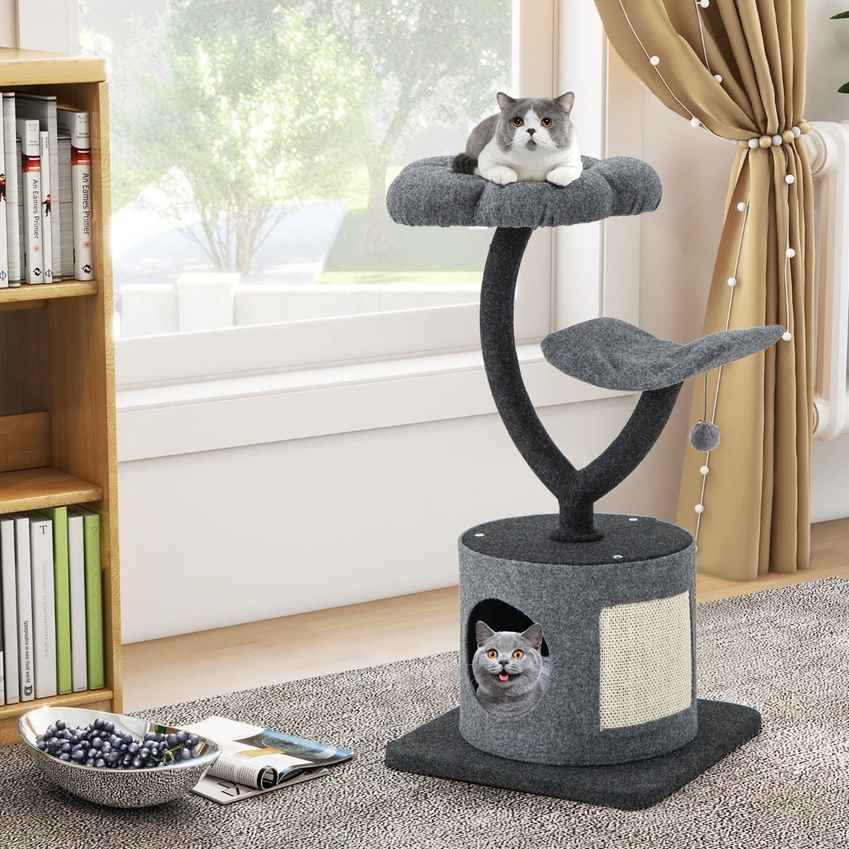 Arbre À Chat 88CM Avec Perchoir Et Balle Suspendue Tour À Chat Avec Poteaux De Soutien En Métal Et Housse De Condo Amovible Gris