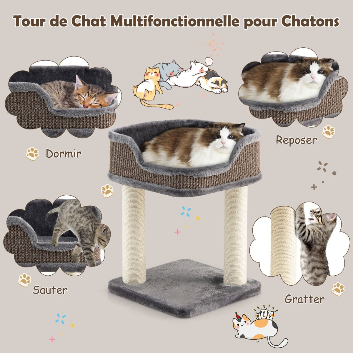 Tour D'Arbre À Chat Compacte Avec Perchoir En Peluche Et Griffoirs Pour Se Faire Ses Griffes Gris