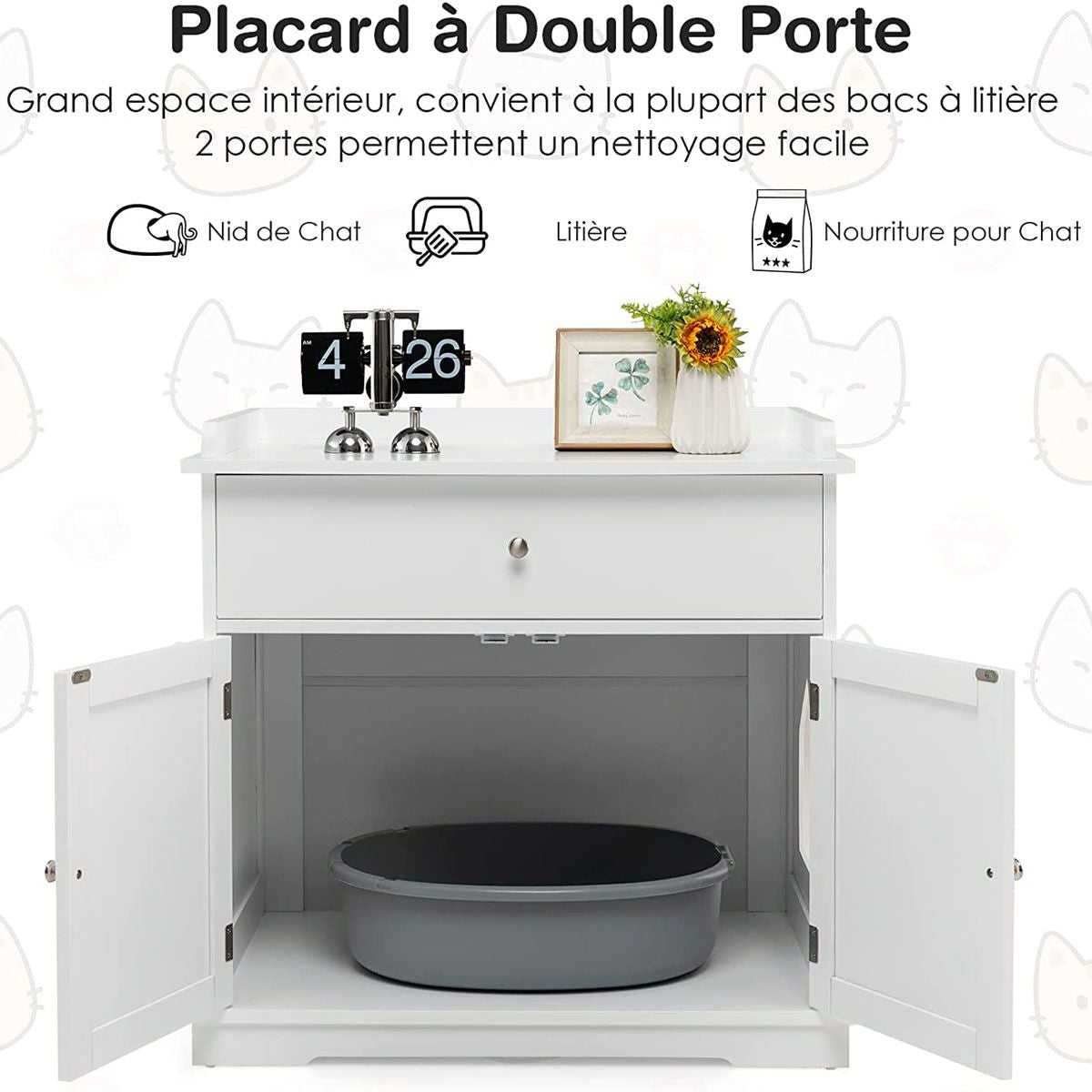 Enceinte De Bac À Litière Pour Chat Meubles De Toilette Cachés Pour Chat Avec Tiroir Et 2 Portes Table D'Appoint Pour Chat