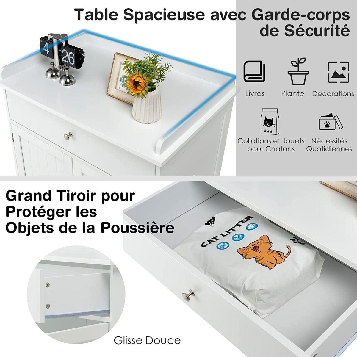 Enceinte De Bac À Litière Pour Chat Meubles De Toilette Cachés Pour Chat Avec Tiroir Et 2 Portes Table D'Appoint Pour Chat