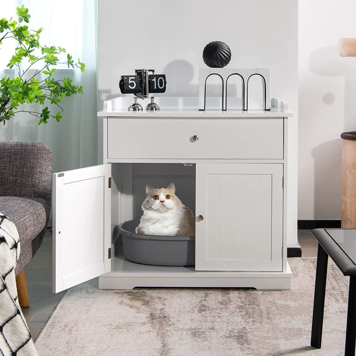 Enceinte De Bac À Litière Pour Chat Meubles De Toilette Cachés Pour Chat Avec Tiroir Et 2 Portes Table D'Appoint Pour Chat