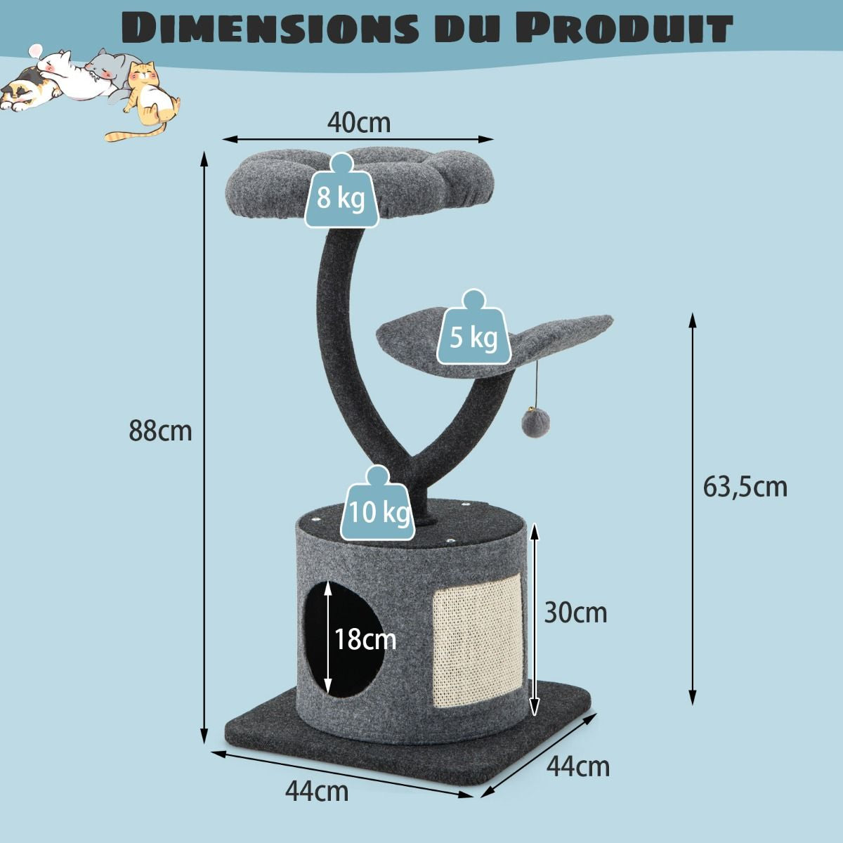 Arbre À Chat 88CM Avec Perchoir Et Balle Suspendue Tour À Chat Avec Poteaux De Soutien En Métal Et Housse De Condo Amovible Gris