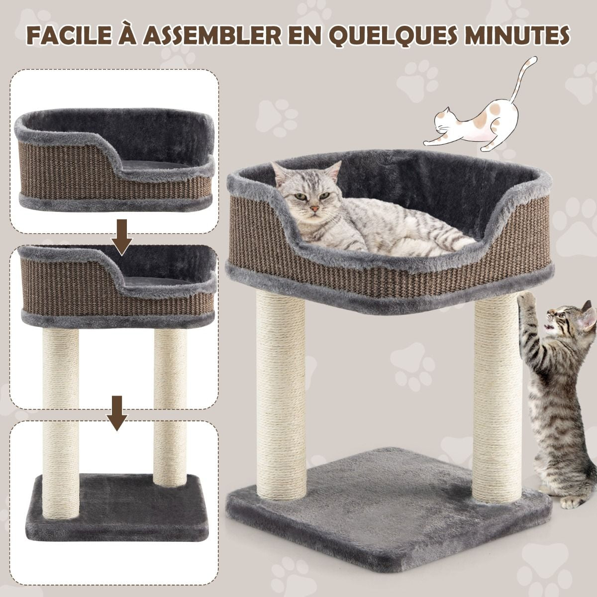 Tour D'Arbre À Chat Compacte Avec Perchoir En Peluche Et Griffoirs Pour Se Faire Ses Griffes Gris